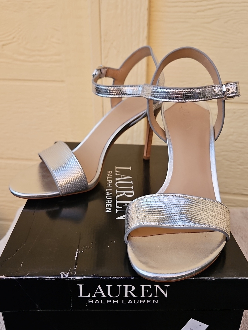 LAUREN Ralph Lauren Metallic Silver Textured Ankle-Strap Heels